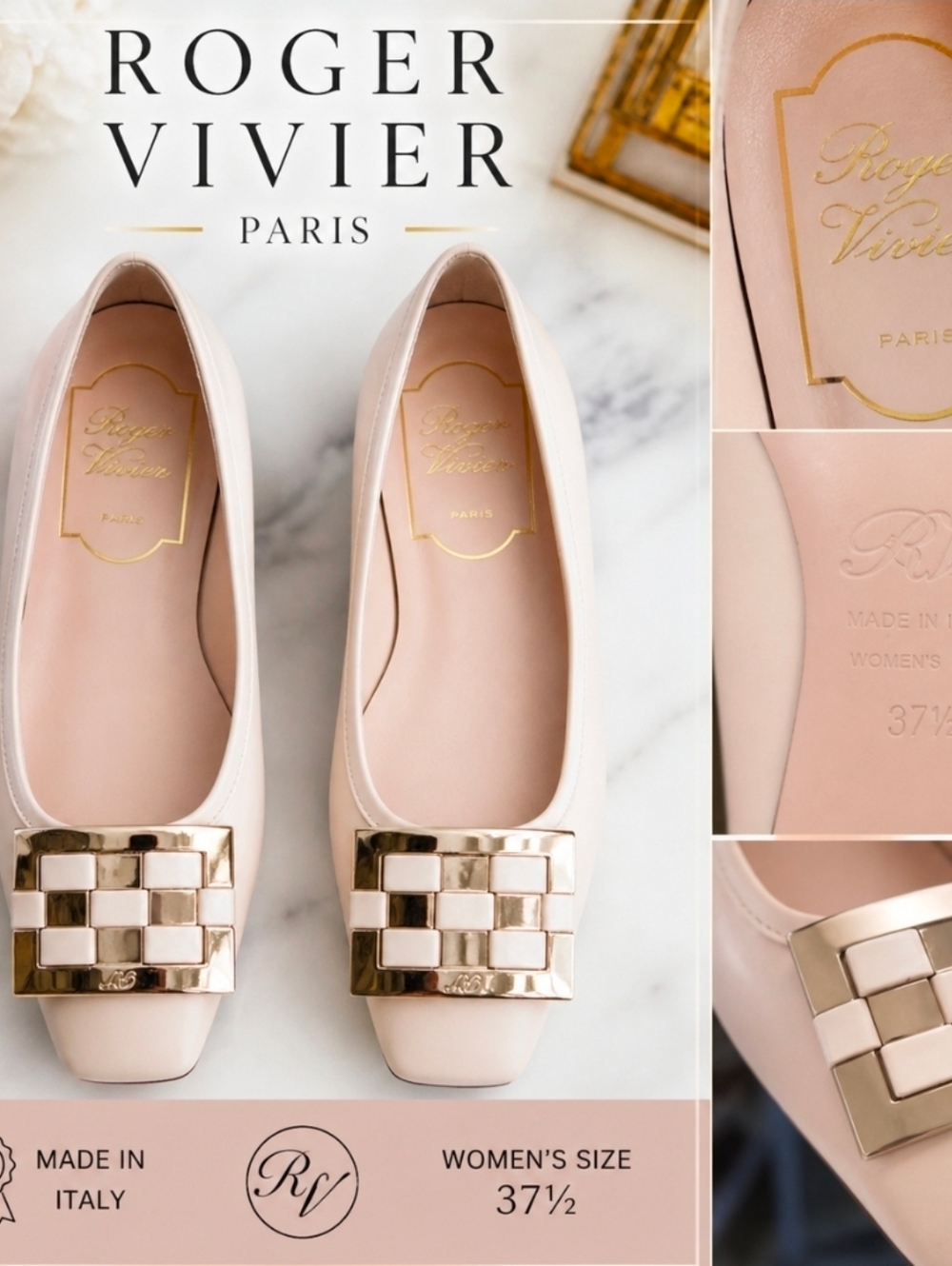 Roger Vivier Pale Pink Leather Square-Toe Flats Gold Checker Buckle, 37.5/7.5